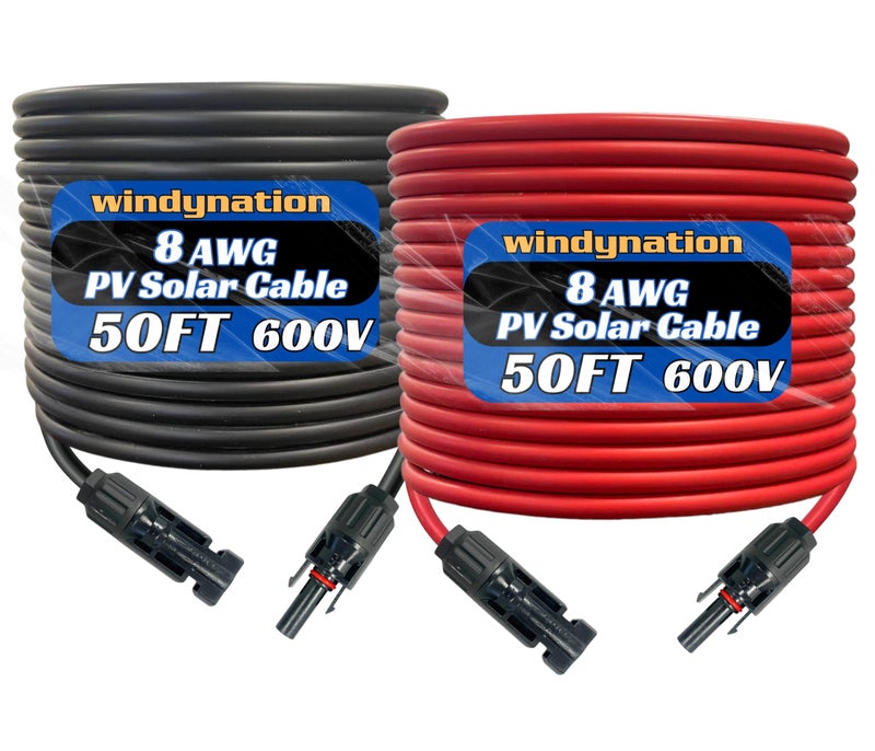 WindyNation 8 AWG 8 Gauge Pair 50 Feet Black + 50 Feet Red PV Photovoltaic Solar Panel Extension Cable Wire with Solar Connectors - Image 1